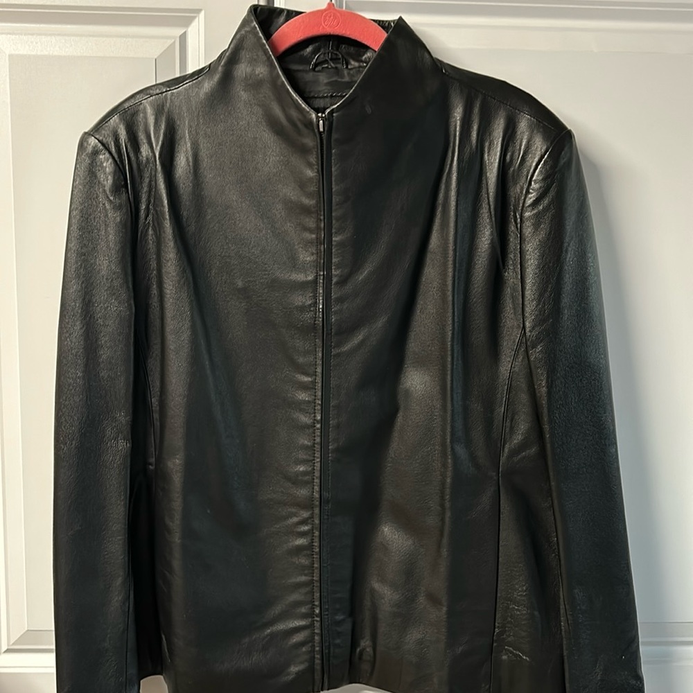 Leather jacket, medium/Large, black, note collar up and fully lined. Unisex nice